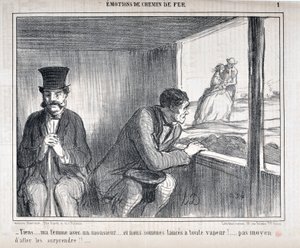 Artwork by Honore Daumier (1808-1879) Charivari dates from 1858: Serie EMOTIONS EN Chemin de fer - Tiens... ma femme avec un monsieur... et nous sommes lances a toute vapeur!... no way to go surprise them!!... MUSEUM OF FINE ARTS - PALACE LONGCHAMP, MARSE by Honoré Daumier