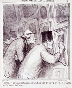 Cartoon about art lovers. Series “Sketch taken at the Salon by Daumier”: “Eh! well looking at this painting, we end up discovering quality, we see that the color is good”. Engraving by Honore Daumier. Extract from the newspaper “Le Charivari” by Honoré Daumier