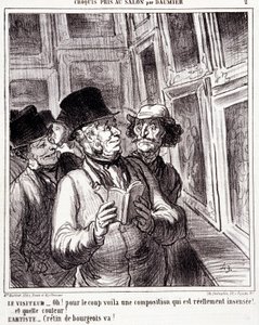 Cartoon about art lovers. Series “Sketch taken at the Salon by Daumier”: “Visitor: Oh! for the coup here is a really insane composition (...). Artist: Bourgeois cretin, go!” Engraving by Honore Daumier. Extract from the newspaper “Le Charivari”