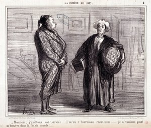 Cartoon about science. Series “On the Comet of 1857”: “Mossieu, I leave your service...” Engraving by Honore Daumier. Extract from the newspaper “Le Charivari” on March 13
