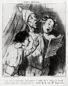 Musical Sketches: A Melomaniac Family Starting to Repeat in the Morning the Big Song They Had to Sing in the Evening at the Concert Given to Mr. Coquardeau. Illustration by Honore Daumier, Published in Charivari, Dated March 3