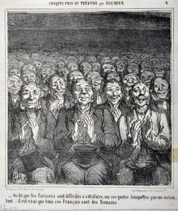 Sketch taken at the theatre: “It is said that Parisians are difficult to satisfy on these four benches not a discontent, it is true that all these Frenchmen are Romans” Engraving by Honore Daumier. Extract from the newspaper “Le Charivari”