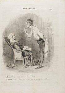 Husband: "My dear, how about a first kiss on my chin?" The wife (aside): "To think that I am married to this face!", plate 21 from Conjugal Customs