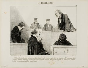 The defense compliments the talent of the prosecution, while the Attorney General admires the eloquence of the defense. The judge applauds both of them and everybody is satisfied, except the accused, plate 16 from Les Gens De Justice by Honoré Victorin Daumier