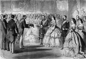 Queen Isabella II of Spain (Isabella of Bourbon) (1830-1904) received the great cord of the Legion of Honour in the name of her son, the Prince of Asturias. Present are: Napoleon III (1808-1873) and Prince Imperial (1856-1879)