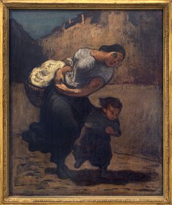 The storm (the lavender). A woman holding a short basket with a child, probably to protect herself from the rain. Artwork of Honore Daumier by Honoré Daumier