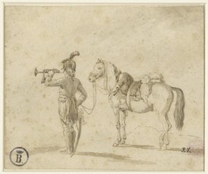 Trumpeter Beside Horse by Emile Jean Horace Vernet