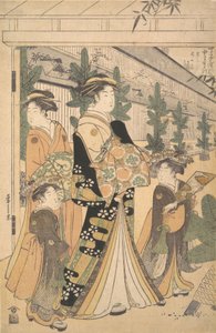 Two Oiran with Two Female Attendants in the Yoshiwara by Hosoda Eishi