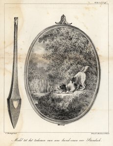 Model for a design for an embroidered hand-screen showing a dog on a riverbank by Houtman Van