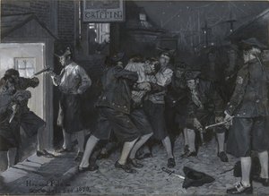 At the Sign of the Griffin, drawing of an illustration for the article "Old New York Coffee-Houses" by John Austin Stevens by Howard Pyle