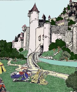 King Arthur and the black knight fight in the courtyard of Camelot. Illustration by Howard Pyle