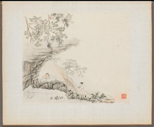 Album of Landscape Paintings Illustrating Old Poems: A Man Lies under a Rocky Overhang, 1700s by Hua Yan