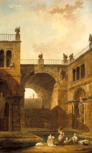 Architectural Scene with Women Washing Clothes at a Pool by Hubert Robert