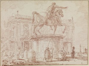 The Equestrian Statue of Marcus Aurelius and the Palazzo dei Conservatori in Rome by Hubert Robert