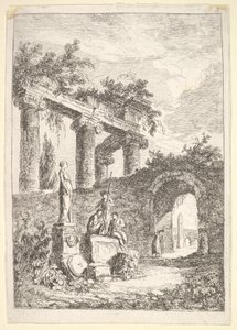 Plate 3: The Statue Before the Ruins: a statue to left next to three figures on a p by Hubert Robert