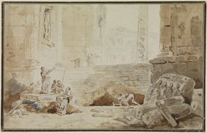 Roman capriccio with a street singer by Hubert Robert