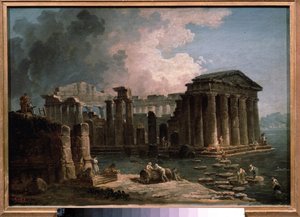 A temple surrounded by water. by Hubert Robert