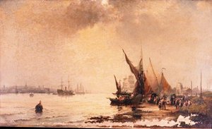 Fisherfolk on the Shore in a Calm Estuary Scene at Daybreak by Hubert Thornley