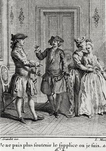 I cannot bear the torments here any more where I am, illustration for Eugenie by Beaumarchais, engraved by Louis Joseph Masquelier by Hubert after Gravelot