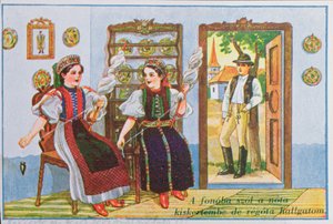 Postcard depicting women in traditional Hungarian dress spinning and singing the popular song Sing a Song to the Frog, c.1940 by Hungarian School