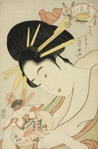The Courtesan Hanahito of the Ogiya and Attendants Sakura and Momiji, from the Series Beauties of the Five Festivals by Ichirakutei Eisui