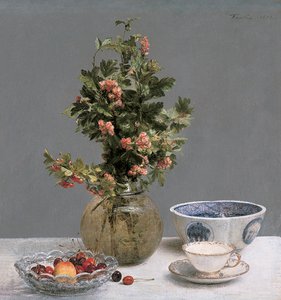 Still Life with Vase of Hawthorn, Bowl of Cherries, Japanese Bowl, and Cup and Saucer