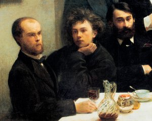 Table corner: from left to right: Paul Verlaine, Arthur Rimbaud, Elzear Bonnier. (Painting, 19th century)