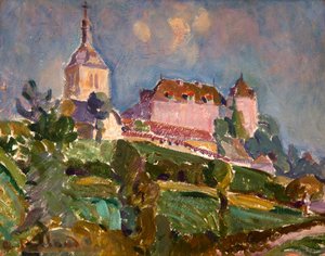 View of the Castle and the Church of Gruyères by Ignace Nazaire Oswald Pilloud