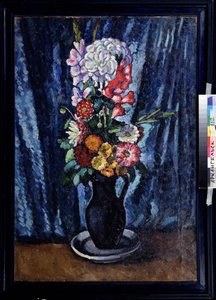 Bunch of Flowers in a Black Jug on the Blue Background by Ilya Ivanovich Mashkov