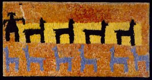 Feather panel with llamas and llama herder, 1450-1534 AD (woven cotton & feathers) by Incan