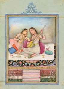 A girl playing the tambur while her companion listens