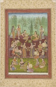 A group of women in a garden, entertaining themselves with music and dancing