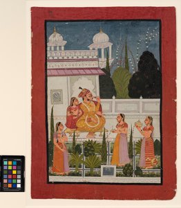 A raja on a terrace with his rani, attended by three women, late 18th century by Indian School