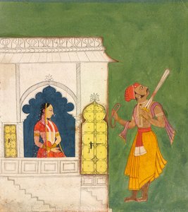 A woman gazing at a warrior by Indian School