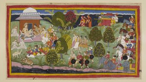 The two princes, the Brahmins and ministers approach the hermitage of Bharadwaja on foot, with the three queens at a distance over the horizon followed by their litters. The army with its elephants and chariots waits behind. On the l