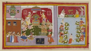 Through his magic powers, Bharadvaja has conjured up a palace in a pleasure ground for the entertainment and refreshment of his guests. Bharadvaja and the other ascetics and Brahmins sit in the throne-room, while the two princes fir by Indian School