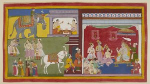 Dasaratha, enthroned in durbar, tells the Brahmins Vasistha and Vamadeva and his minister Sumantra of his intention to resign his throne to Rama as regent; on the left, these three summon Rama and Laksmana. Above, four Brahmins begin by Indian School