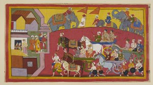 The chariots of Vasistha and the princes, attended by various ministers and people, enter the town of Nandigrama by Indian School