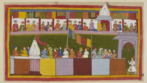 The same street in the city of Ayodhya is now fully decorated, with the people waiting for the procession. They tell each other how wise the king is and how fortunate they are to have Rama as their new protector. by Indian School