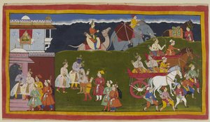 The four brothers embrace outside the palace, with women looking down from a shuttered jharokha window supported by curving serpentine brackets by Indian School