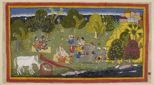 The companions have reached the river Ganga at Srngaverapura. Rama and Sita are seated on a mat of straw under a tree, meant to be an Ingudi tree, while Laksmana and Sumantra are similarly seated facing them