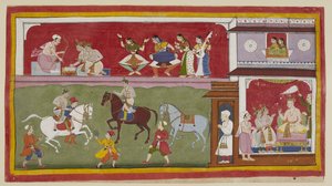 On the right in the palace, the princes ask the king for teachers of religion, arts and sciences, while above two ladies at a carpeted jharokha window look down on them on the left as they practise horsemanship on the exercise ground by Indian School