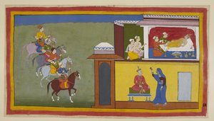 The four messengers on horseback approach the city of Kekaya, while attendants try to wake Bharata, who has had alarming dreams about his father. In one of them, shown below, the king dressed plainly, and seated on an iron (here blue)