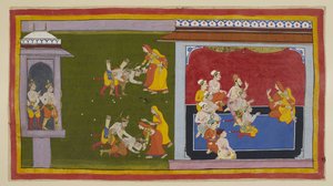 The princes go off to meet their other mothers in their zenana, but Kausalya and Sumitra, dressed in mourning saris of red and yellow, having heard of their return, have already set off to meet them. Kausalya reproaches Bharata for