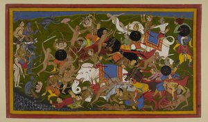 Angada, Nila, and Hanuman defeat Ravana’s kin in battle by Indian School