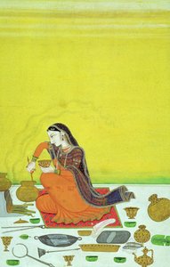 A Lady Prepares a Meal, Miniature from a Bhagavata Purana Series by Indian School