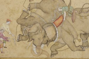 An elephant combat, with border floral arabesque (detail)
