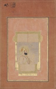 Farrukh Siyyar seated at a window, holding a gold sarpech
