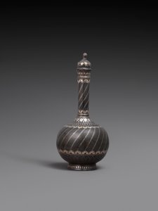 Flask and cover and stand, or dish of metal alloy inlaid with silver, 1700-99 by Indian School