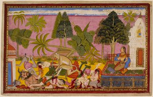 Hanuman attacks the demons, destroys the pleasure garden, and defeats Ravana